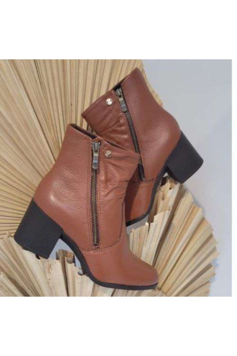 Bota Feminina Bottero 346913 Couro Conhaque  Cano Baixo com Salto Bloco - Conhaque