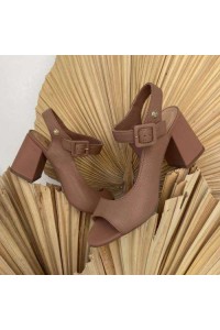 Sandália Bottero 372008 Nude em Couro com Salto Bloco e Lateral Fechada - Nude