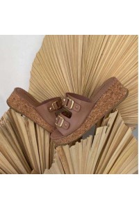 Sandália Bottero 373923 Nude em Couro com Salto Anabela de Rolha e Duas Fivelas - Nude