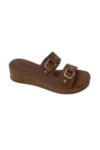 Sandália Bottero 373923 Nude em Couro com Salto Anabela de Rolha e Duas Fivelas - Nude