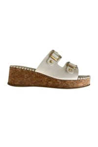 Sandália Bottero 373923 Off White em Couro com Salto Anabela de Rolha e Duas Fivelas - Off white