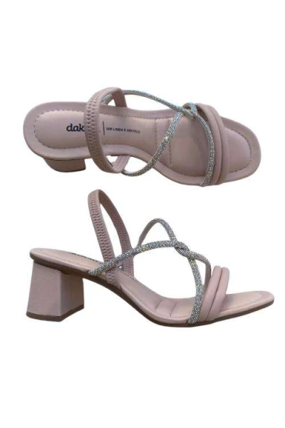 Sandália Dakota Y7912 Salto Bloco, Pêssego com Tira de Strass - Nude