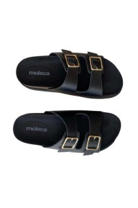 Sandália Moleca 5500.105  Preta, Duas Tiras com Fivela Dourada - Preto