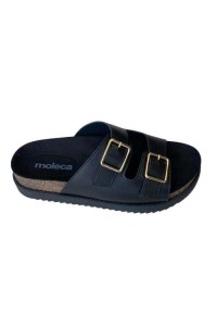 Sandália Moleca 5500.105  Preta, Duas Tiras com Fivela Dourada - Preto