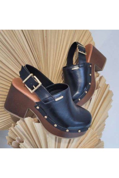 Tamanco Bottero 371303 Preto com Fivela e Salto Anabela - Preto