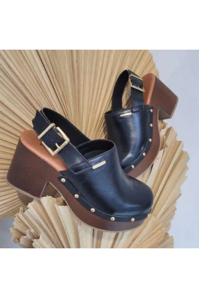 Tamanco Bottero 371303 Preto com Fivela e Salto Anabela - Preto